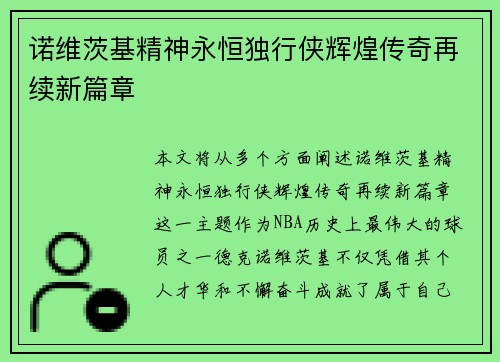 诺维茨基精神永恒独行侠辉煌传奇再续新篇章